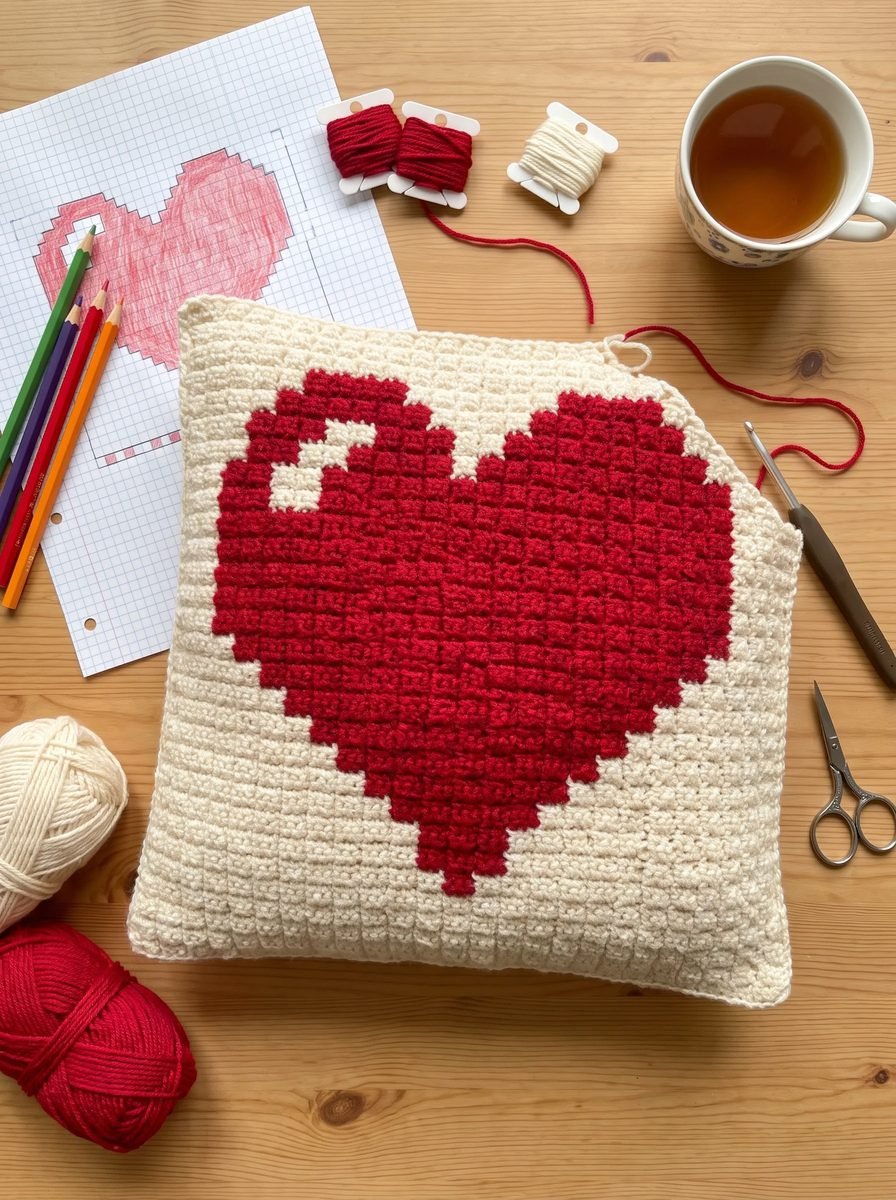 Cream crochet pillow with a large red pixel heart beside a graph paper chart, colored pencils, yarn bobbins and a cup of tea