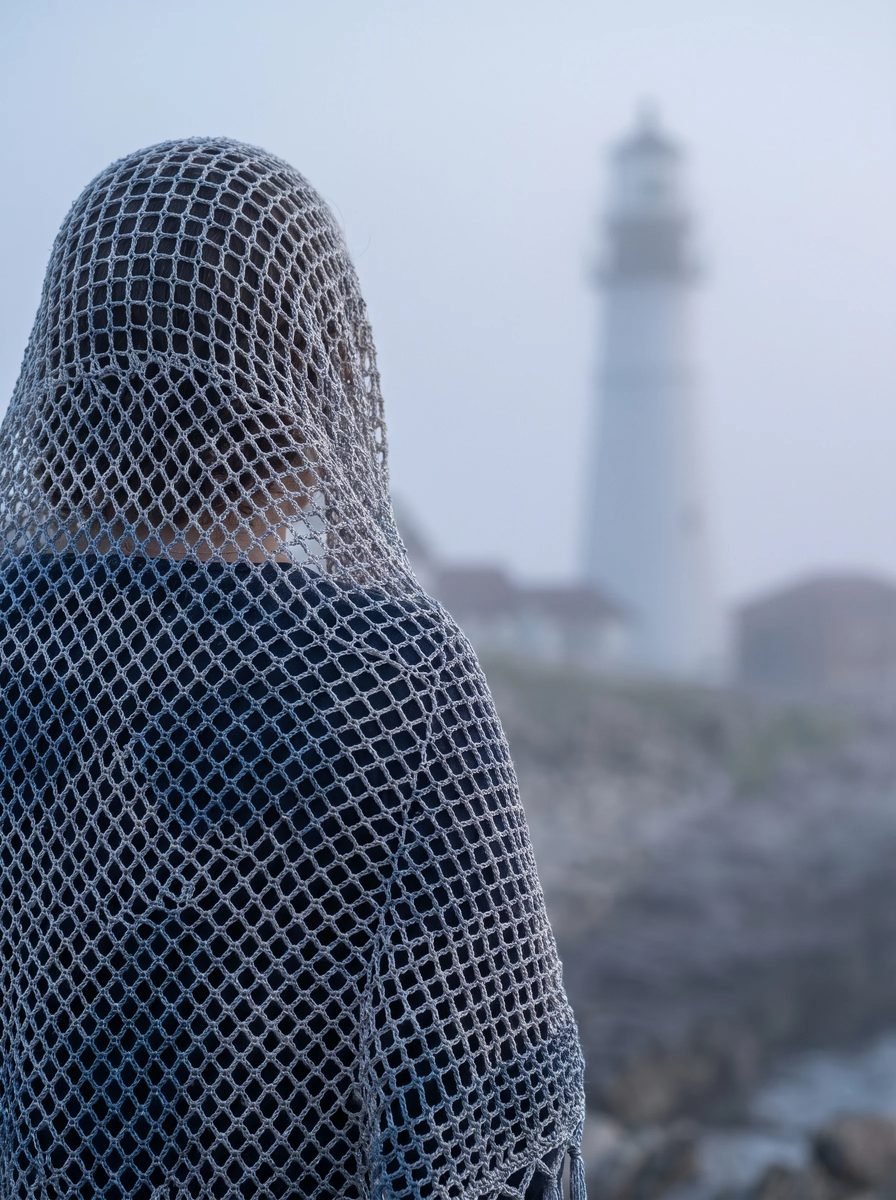 Person wrapped in a grey-blue diamond mesh crochet shawl worn over the head on a foggy coast with a lighthouse in the background