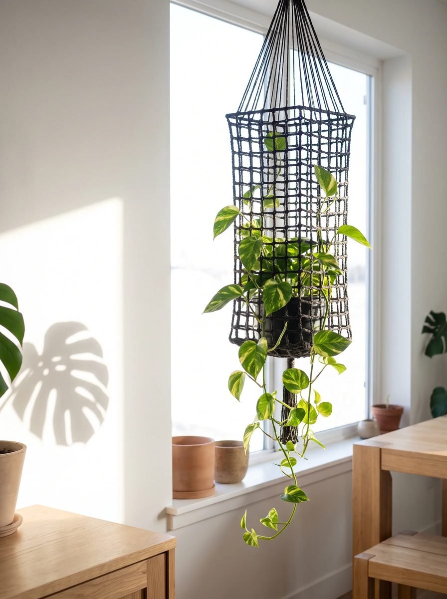 Tall black crochet mesh plant hanger with a flat base holding a trailing pothos in front of a bright window