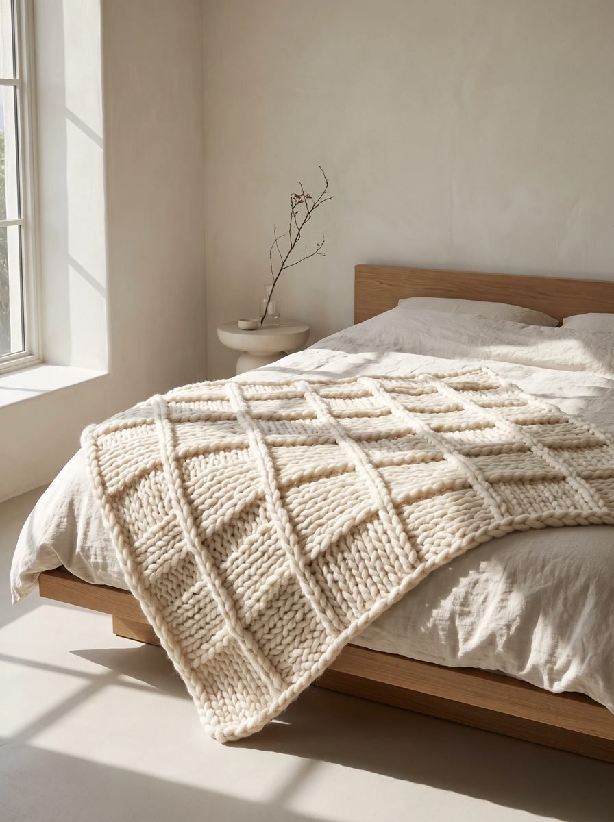Thick ivory blanket with a raised lattice of ridges across flat square panels lying on a linen bed in a sunlit bedroom