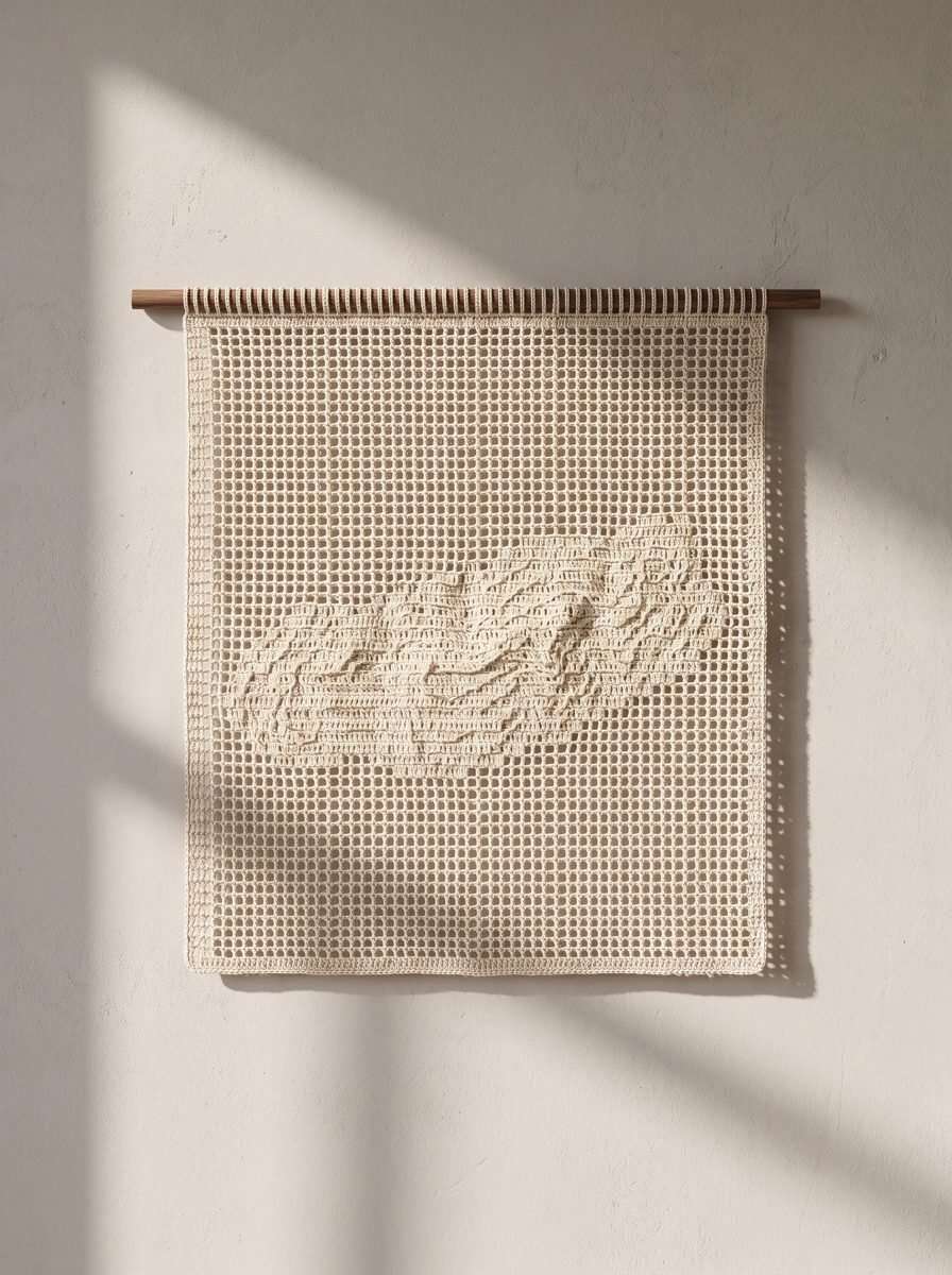 Cream filet crochet wall hanging with a raised sculpted landscape shape in the center hanging from a walnut dowel on a plaster wall