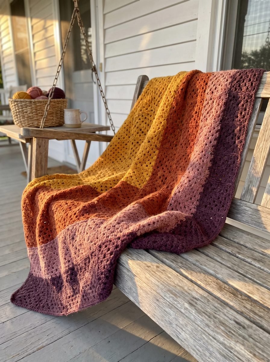 Granny stitch crochet blanket in mustard, burnt orange, dusty rose and plum color blocks draped over a weathered porch swing