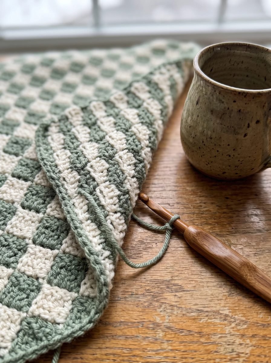 Sage green and cream checkerboard crochet blanket with a sage border on a wooden table beside a speckled stoneware mug and a wooden hook