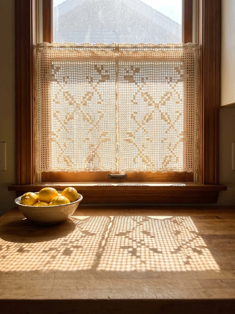 Ecru filet crochet cafe curtain with a floral motif hanging in a wooden kitchen window and casting a lace shadow onto a butcher block counter