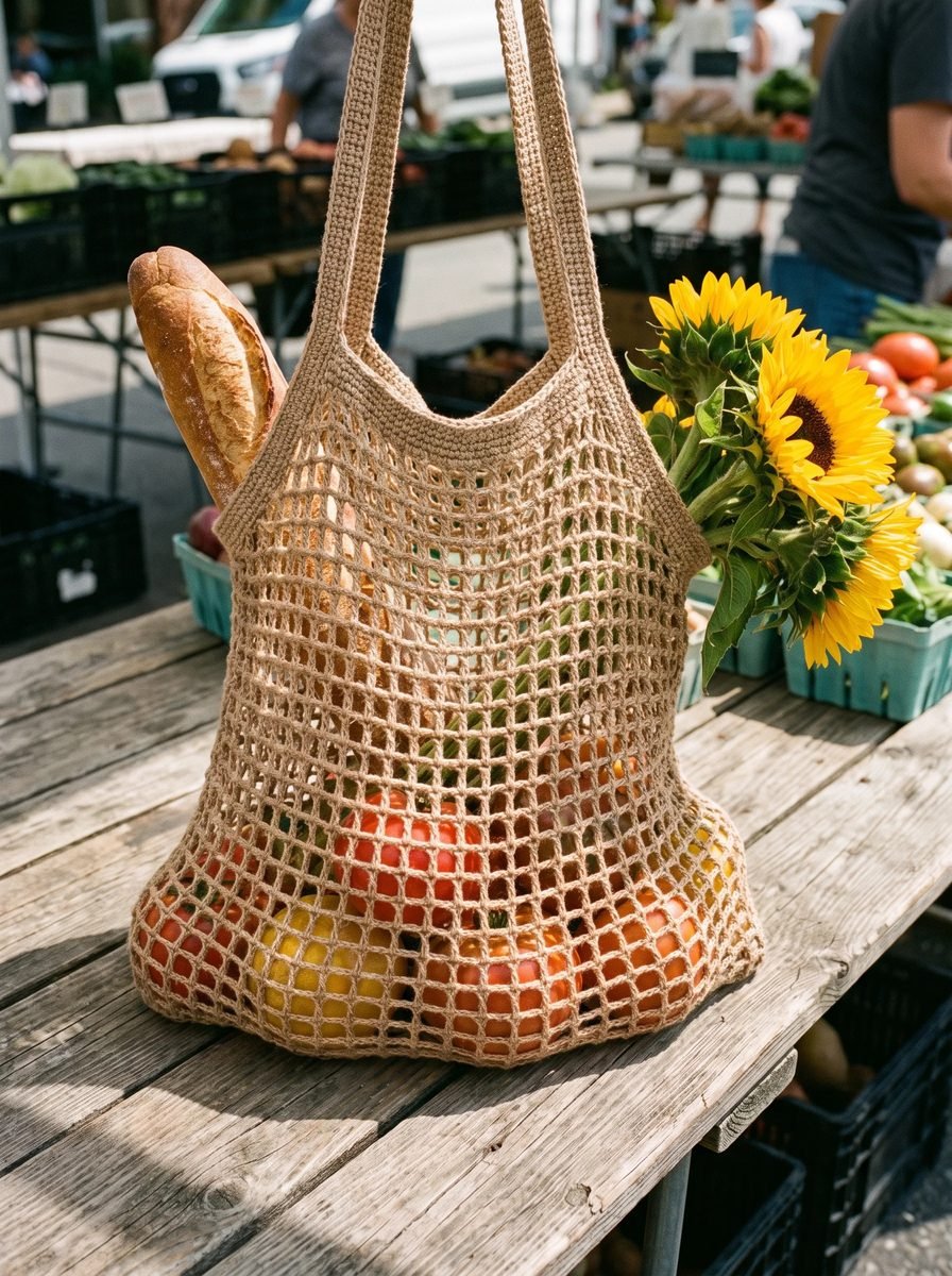 Tan crochet mesh market bag with long handles holding tomatoes, a baguette and sunflowers on a farmers market table