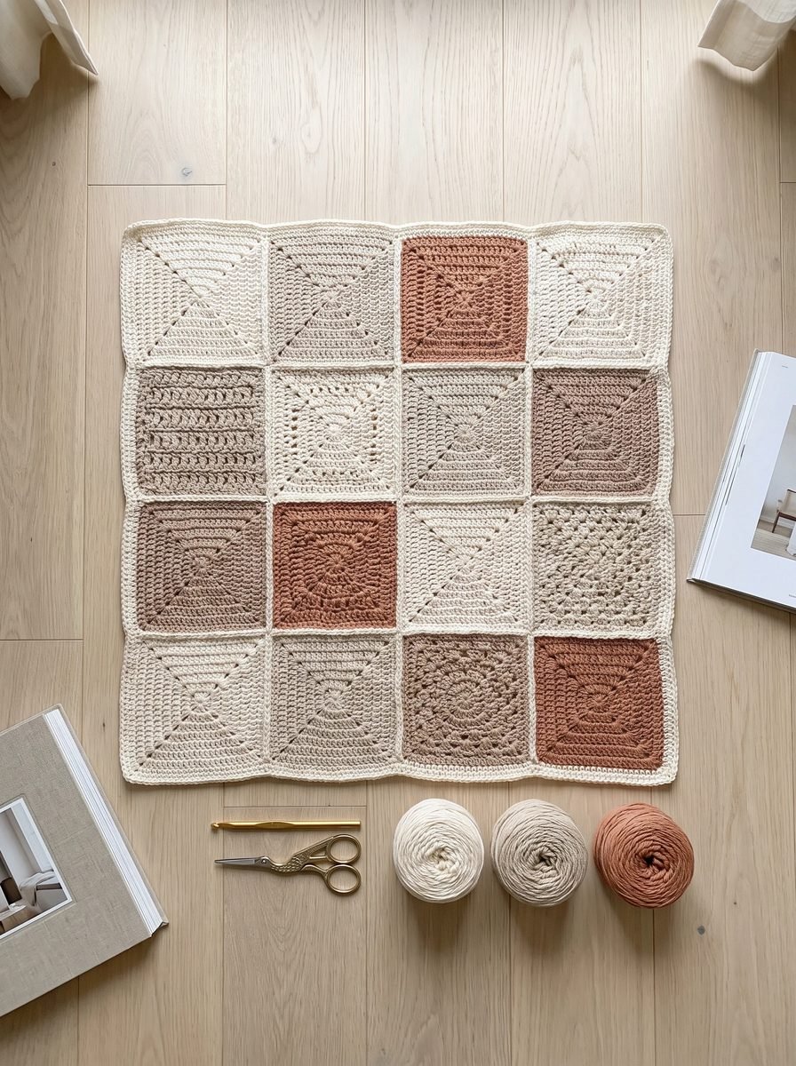 Sixteen-square crochet baby blanket in cream, beige and terracotta laid flat on a light oak floor with three cakes of yarn and gold scissors