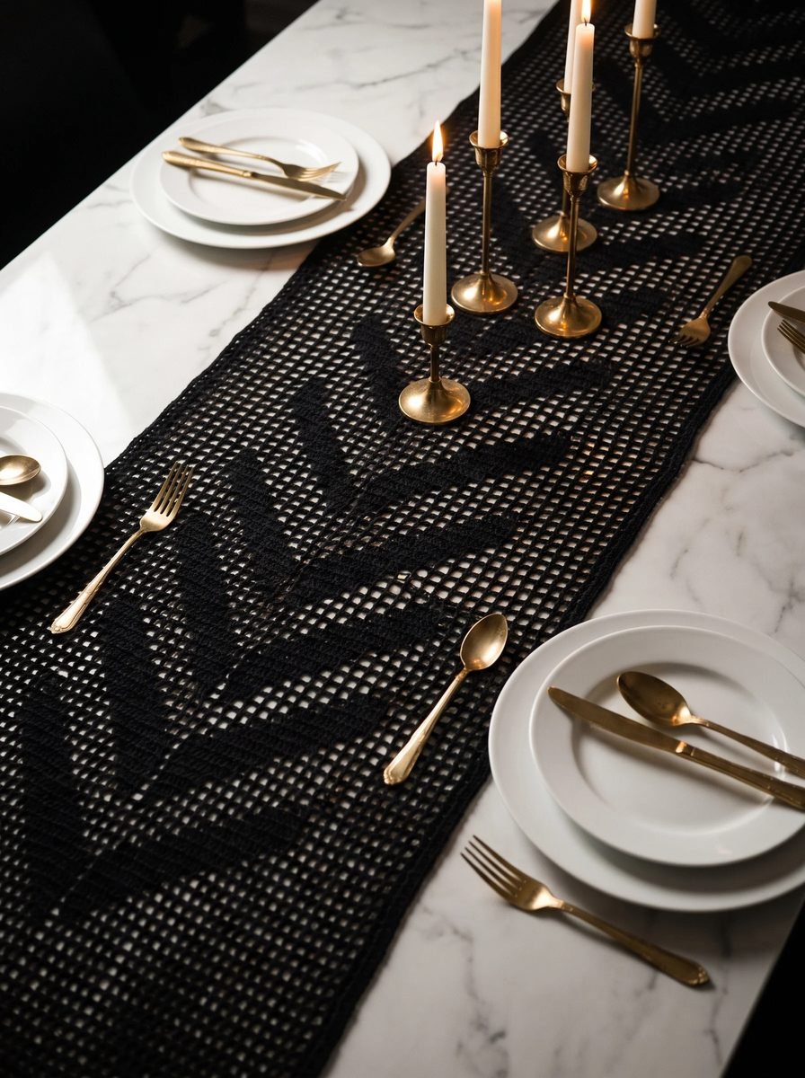 Black filet crochet table runner with a chevron leaf motif on a white marble table with gold candlesticks and white plates