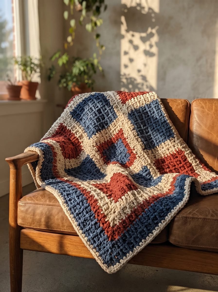 Chunky crochet blanket of nested squares framed in denim blue, rust and cream draped over a tan leather sofa in warm sunlight