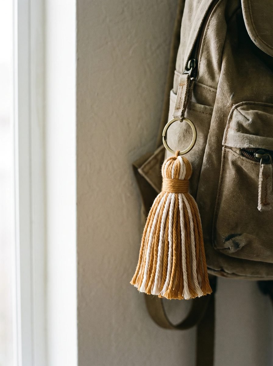 Mustard and cream striped yarn tassel keychain with a crocheted dome top hanging from a brass ring on a canvas backpack
