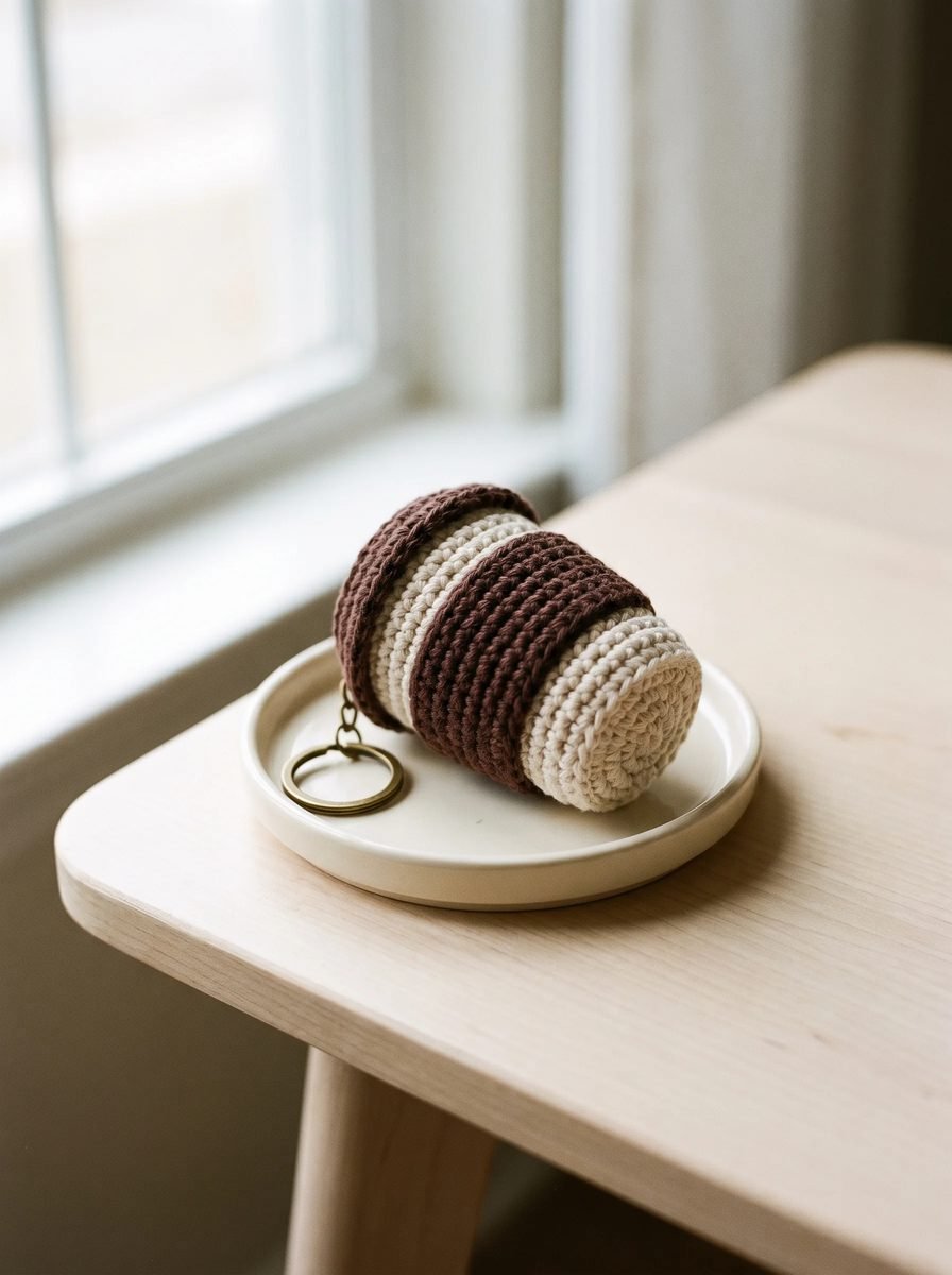 Brown and cream striped crochet takeaway coffee cup keychain lying on a small white ceramic dish by a window