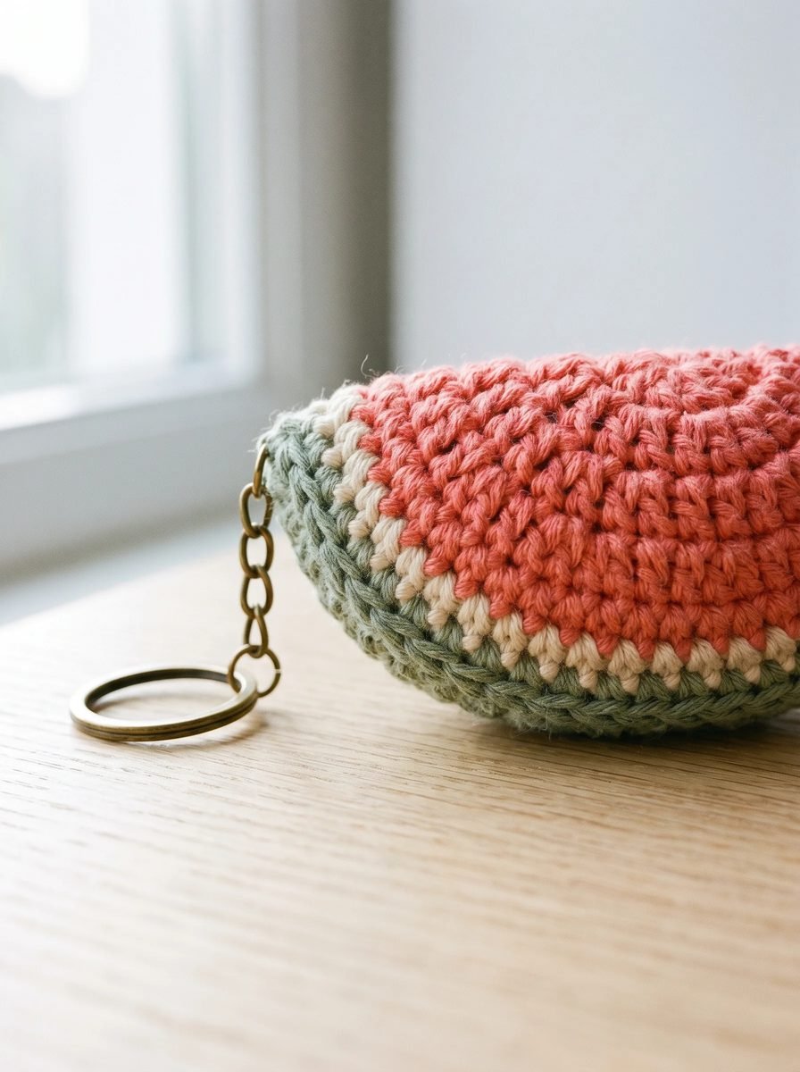 Coral crochet watermelon keychain shaped like a half dome with a cream stripe and sage rind on a light wood table