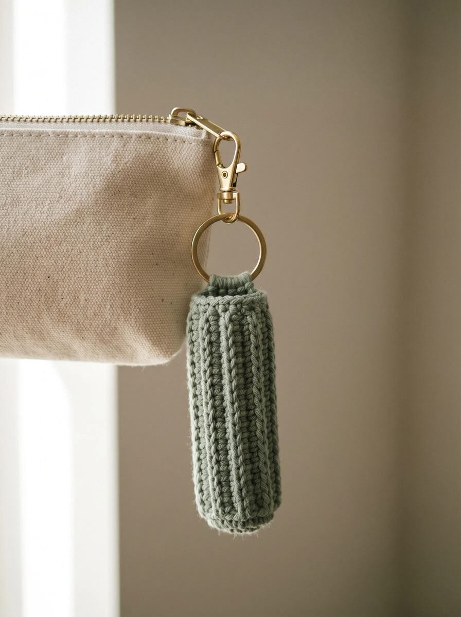 Sage green ribbed crochet lip balm holder keychain hanging from a gold lobster clasp on a canvas pouch zipper