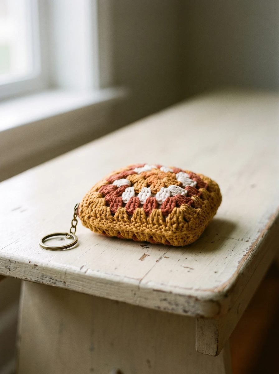 Mustard, rust and white granny square crochet coin pouch keychain with a brass ring on a white painted bench