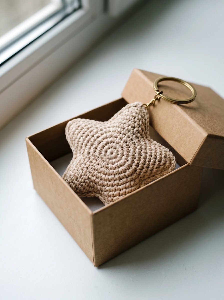 Puffy beige crochet star keychain with a visible spiral and a brass ring inside an open kraft gift box on a windowsill