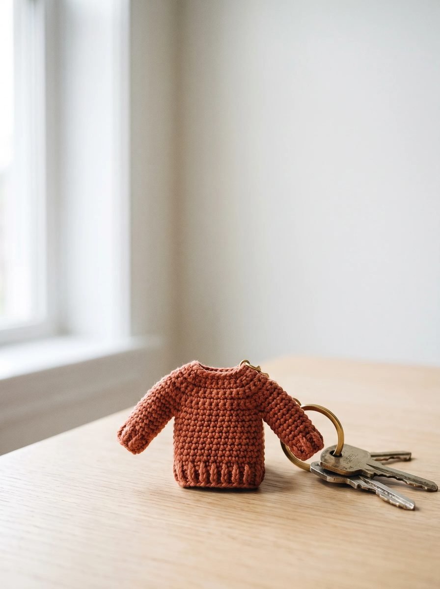 Rust orange mini crochet sweater keychain with ribbed hem and cuffs next to a bunch of house keys on a wooden table