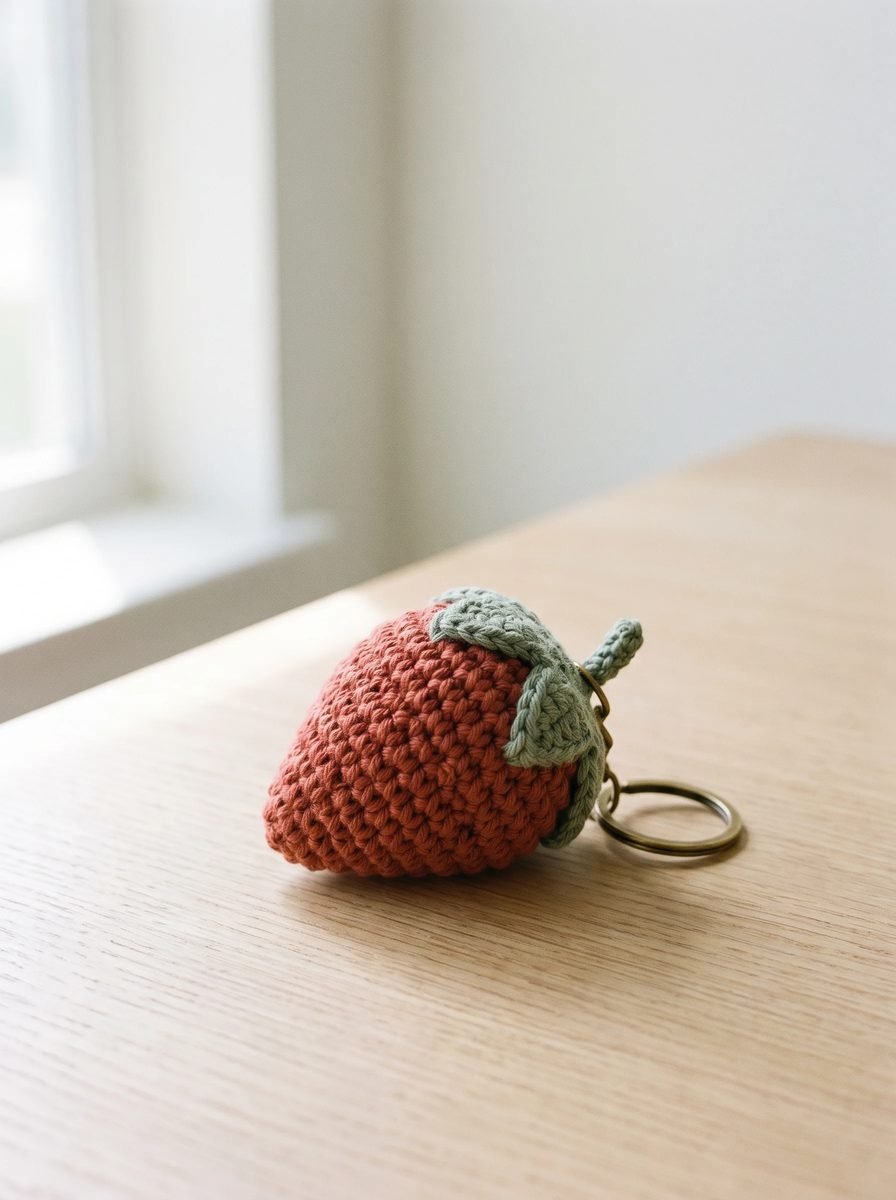 Dusty red crochet strawberry keychain with a sage green leafy top and a brass ring on a pale wood table