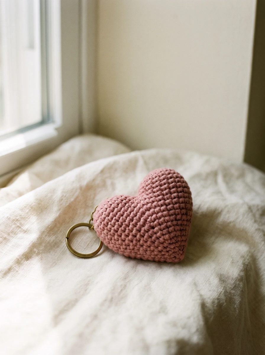 Dusty pink crochet heart keychain with a brass ring resting on rumpled cream linen