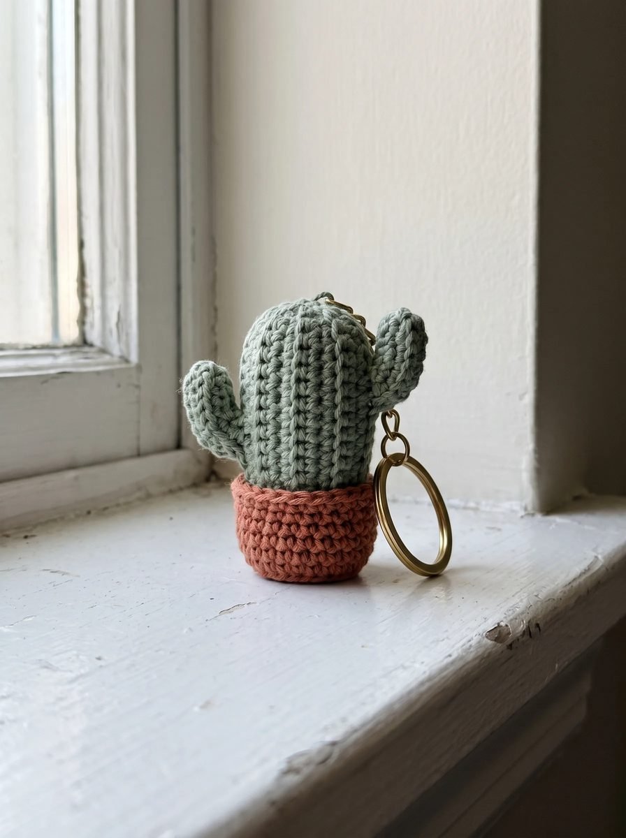 Sage green ribbed crochet cactus with two arms in a terracotta crochet pot and a gold key ring on a white windowsill