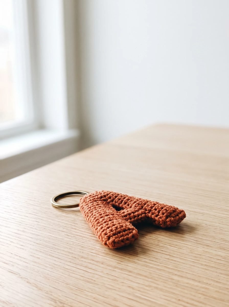 Rust orange crocheted letter A keychain with a brass ring lying flat on a pale oak table