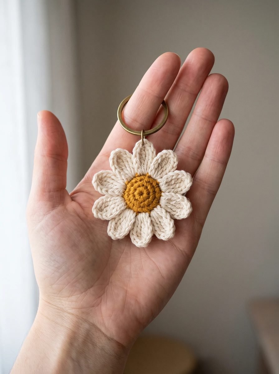 Cream crochet daisy keychain with a mustard center and a brass ring held in an open palm