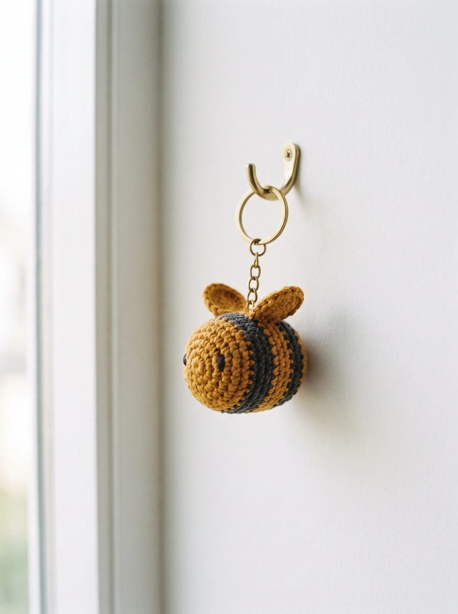 Round mustard and charcoal striped crochet bee keychain with small wings hanging from a brass chain on a wall hook