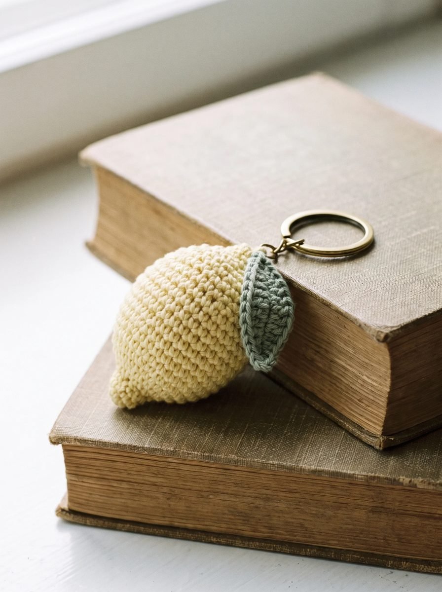 Pale yellow crochet lemon keychain with a sage green leaf and a brass ring resting on stacked antique books