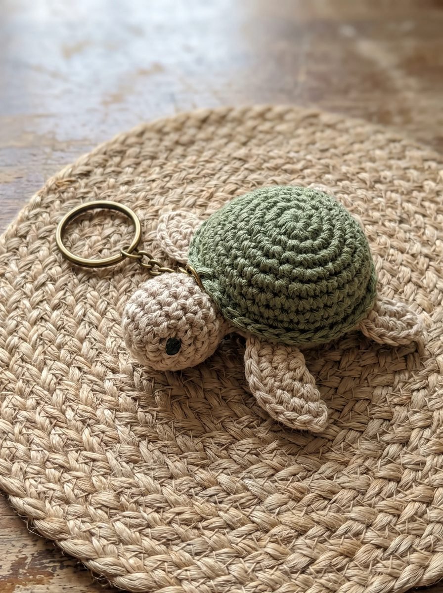 Crochet turtle keychain with an olive green domed shell and beige head and flippers on a round woven jute mat