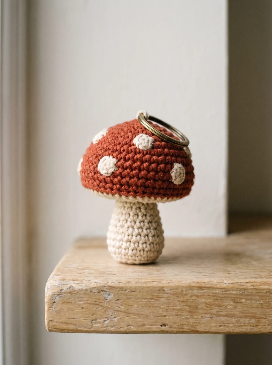 Rust red crochet mushroom keychain with cream spots and a cream stem standing upright on a wooden shelf