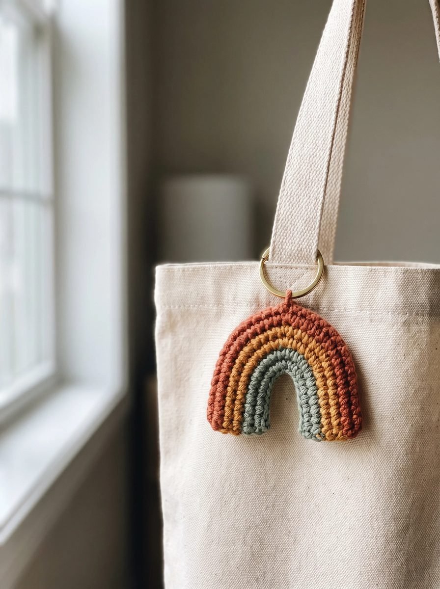 Crochet rainbow keychain in rust, mustard and sage arcs hanging from a brass ring on a natural canvas tote bag