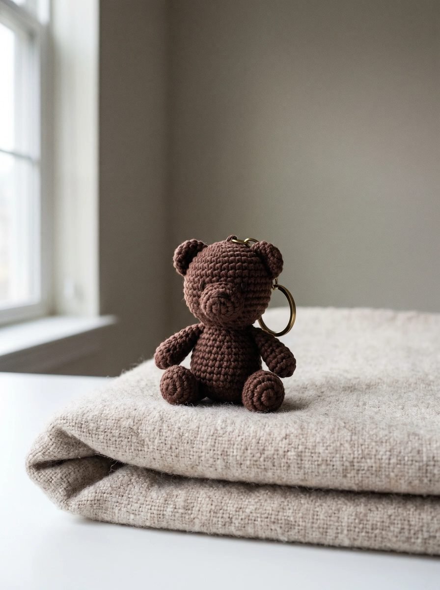 Small cocoa brown crochet teddy bear keychain with round ears sitting on a folded beige blanket