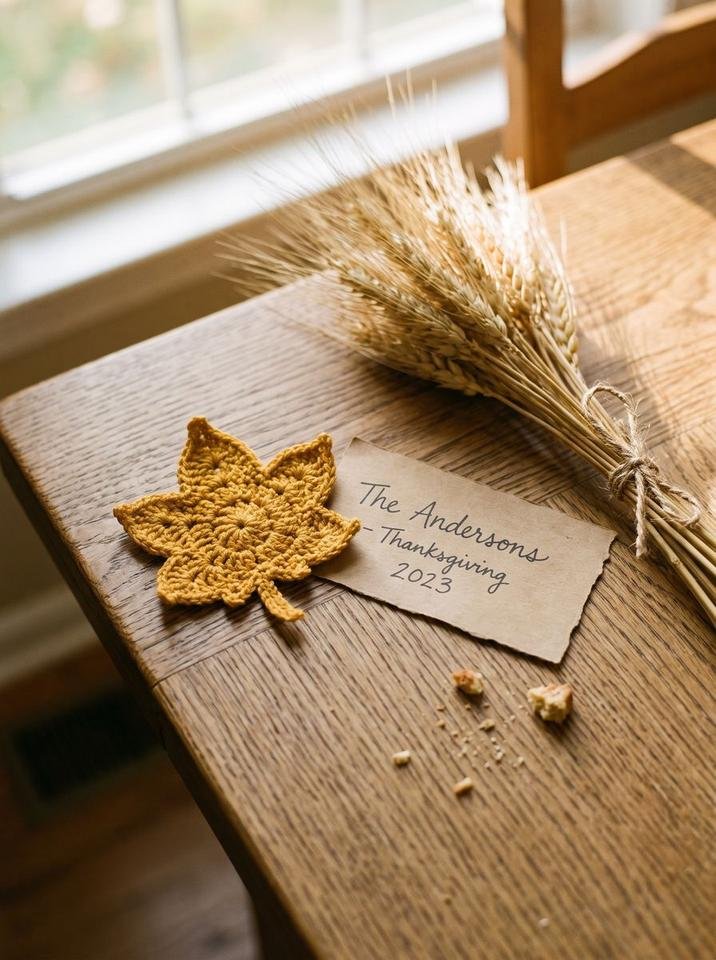 Golden crochet maple leaf motif next to a personalized kraft paper Thanksgiving place card and dried wheat sheaf on an oak table