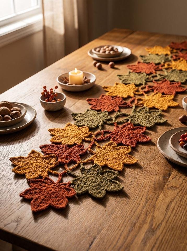 Handmade crochet maple leaf table runner on rustic oak dining table