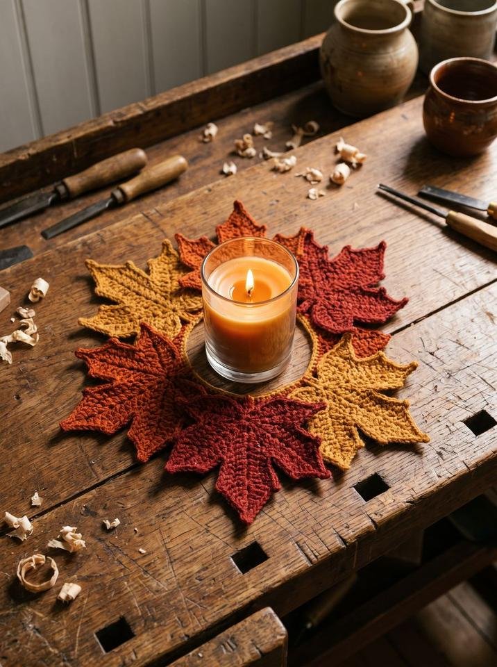 Circular crochet maple leaf candle mat in amber, rust, and crimson framing a glowing pillar candle on a studio workbench