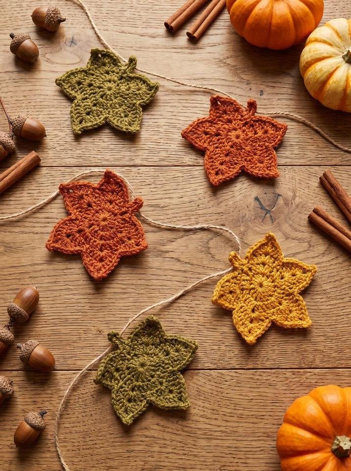 Crocheted maple leaves in olive, orange, and mustard strung along natural jute twine with acorns, cinnamon sticks, and mini pumpkins