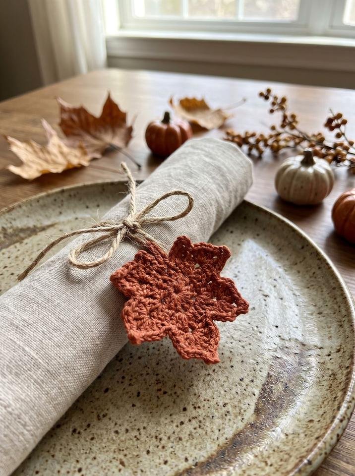 Rolled linen napkin secured with natural twine and a dainty crochet terracotta maple leaf charm on a speckled ceramic plate