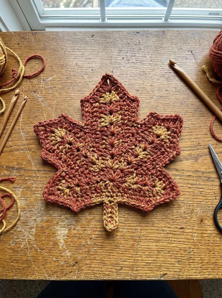Crocheted maple leaf centerpiece made by holding rust and mustard yarn strands together on a wooden studio surface
