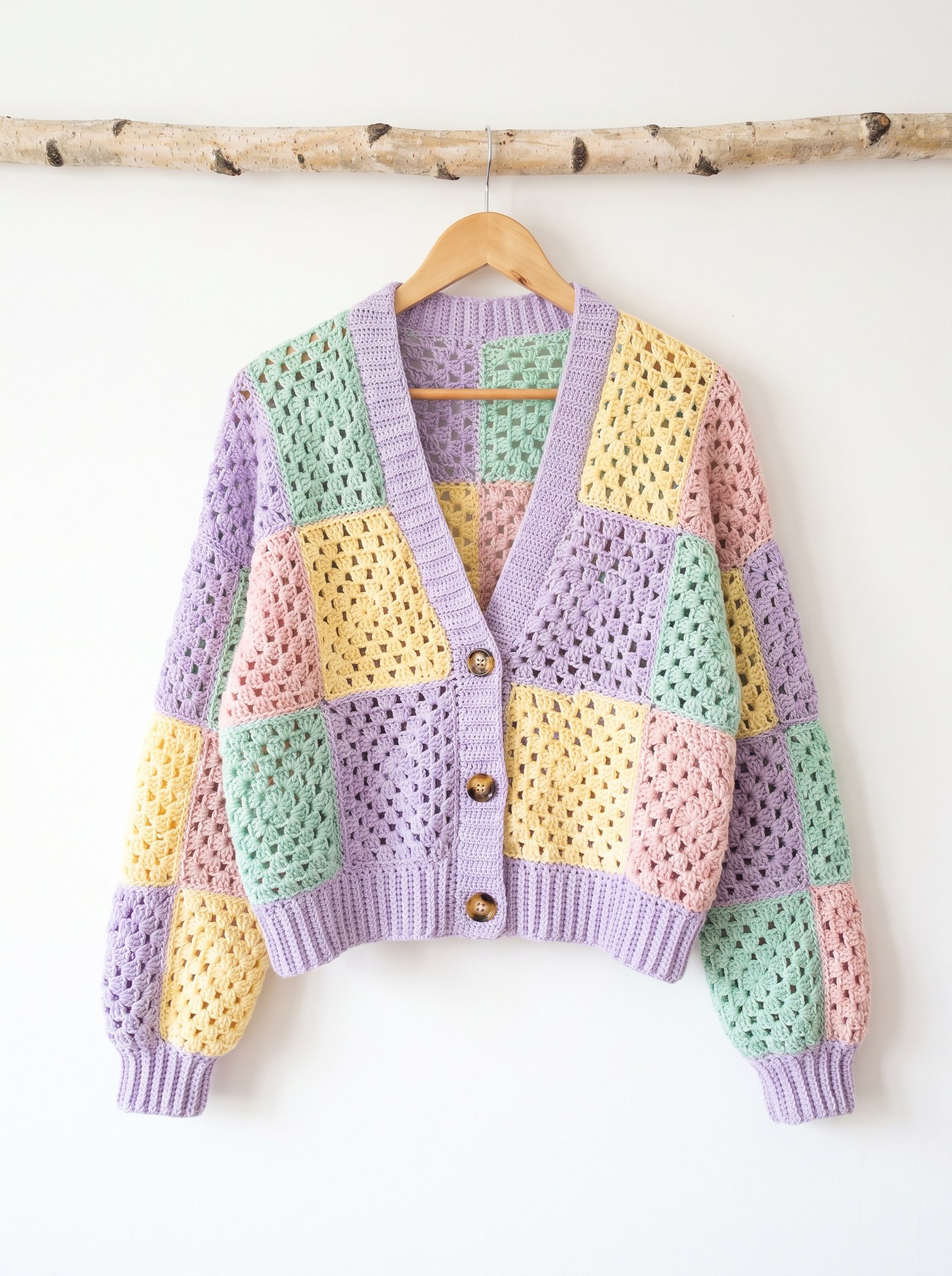 An oversized crochet patchwork cardigan in warm terracotta, mustard, moss green, and cream wool draped across a wooden craft chair in soft daylight