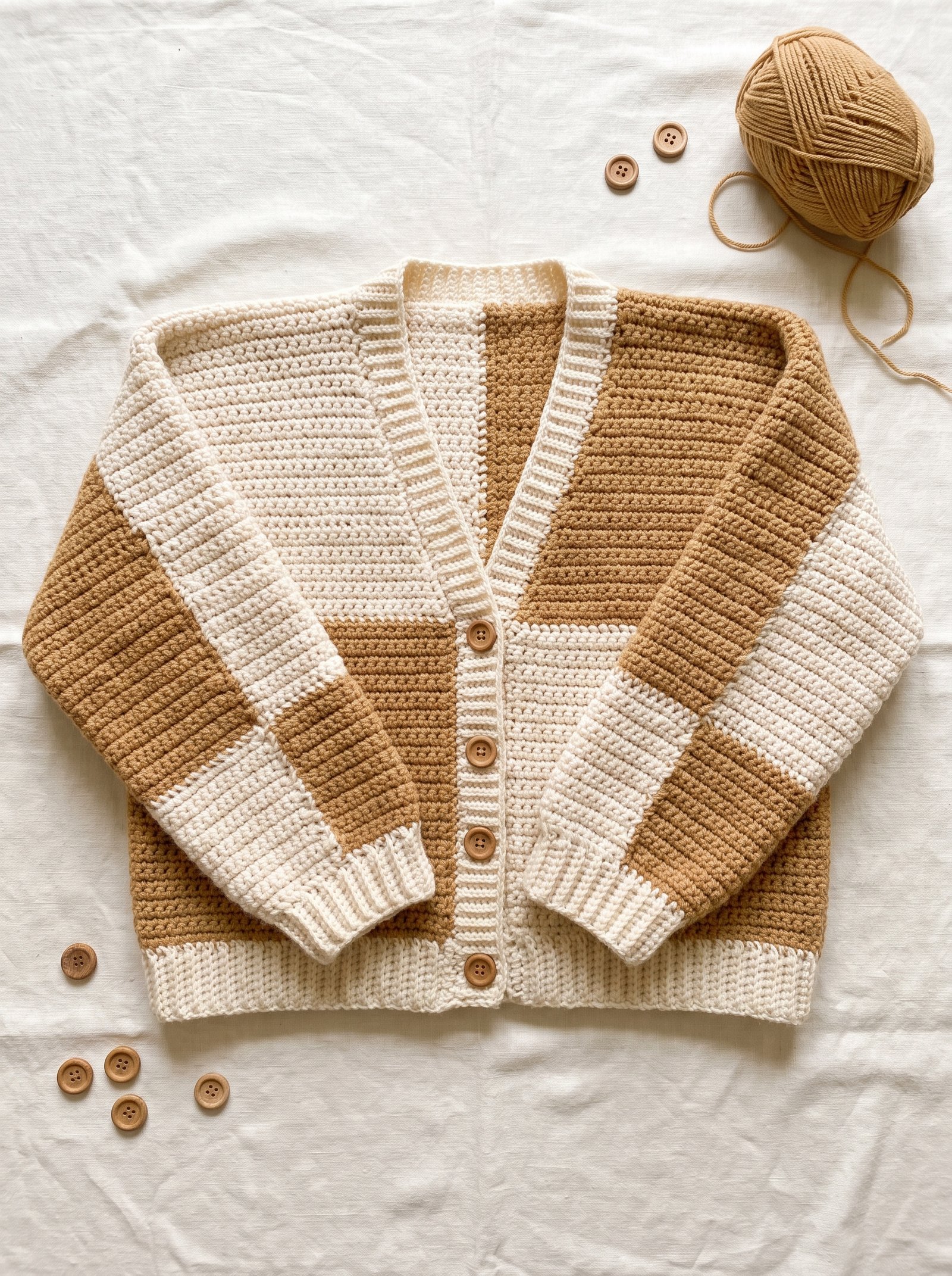 A lightweight summer crochet patchwork cardigan worked in fine linen cotton yarn hanging gracefully beside an open sunlit window