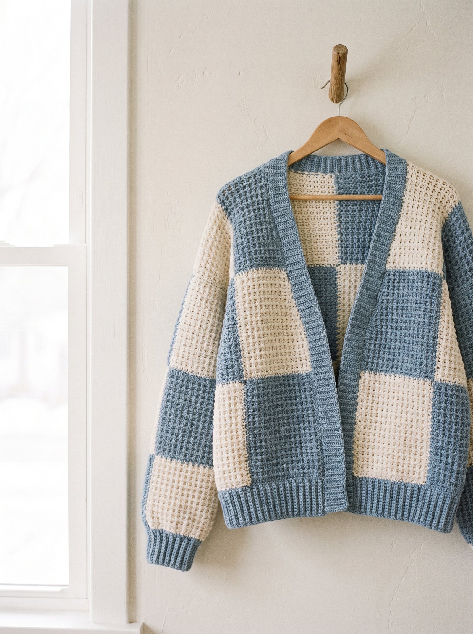 A cozy hooded crochet patchwork cardigan in forest green, taupe, and birch wool draped over an old workbench with pattern sketches