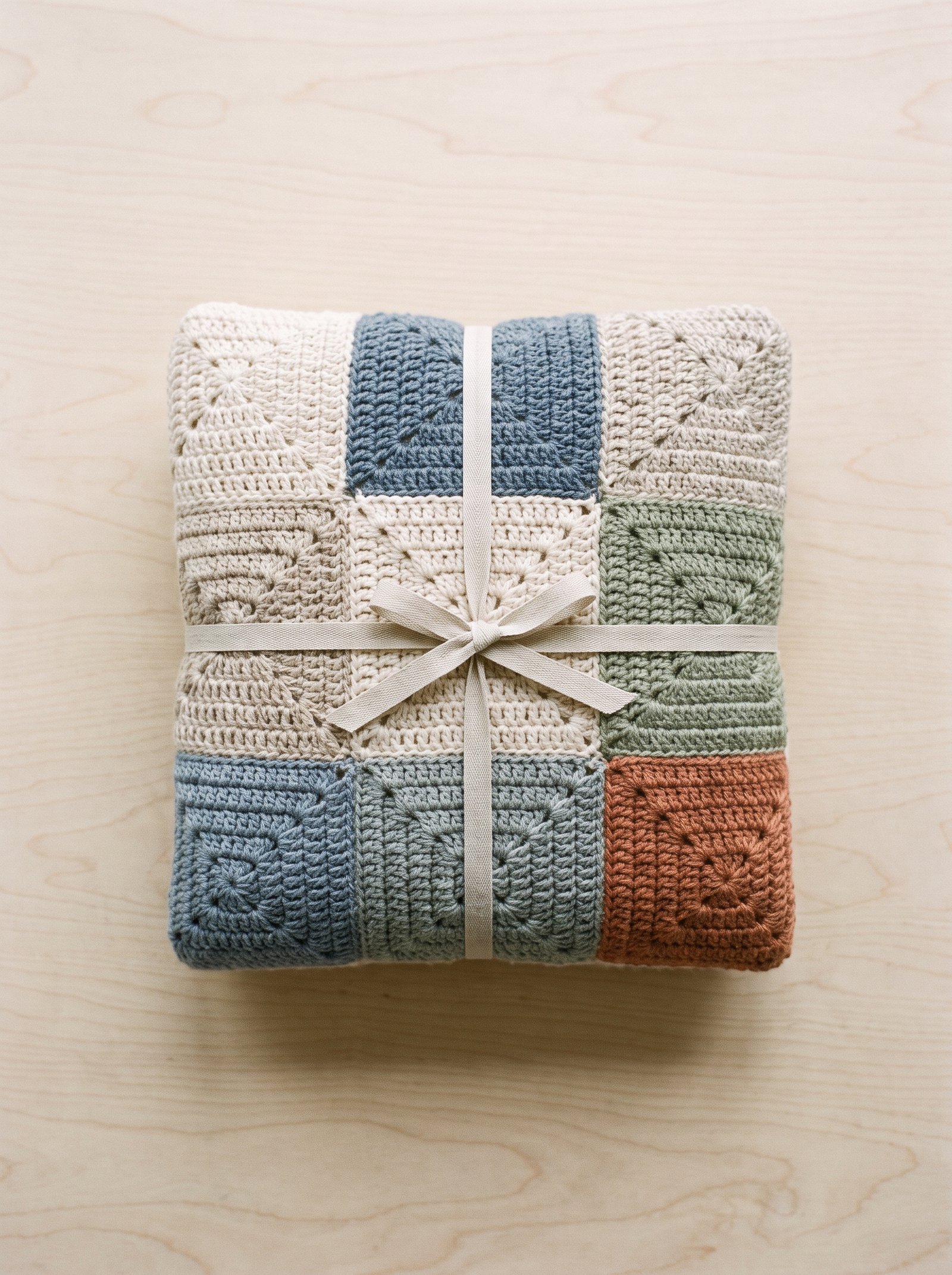 A longline duster crochet patchwork cardigan with neutral daisy squares reaching mid-thigh on a wooden rack near wicker baskets