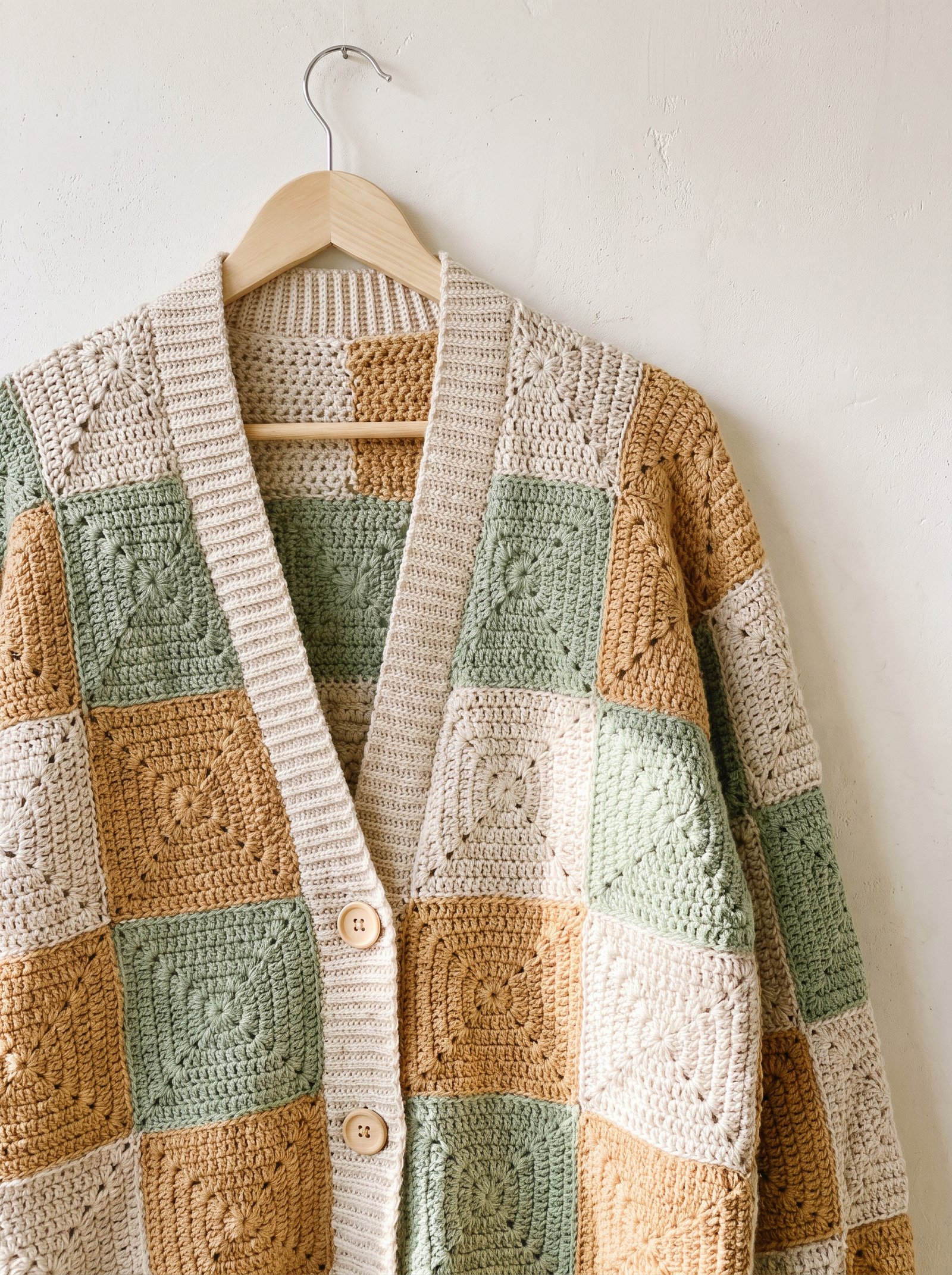Beige and sage green crochet granny squares being joined flat on an oak workbench beside wooden tools