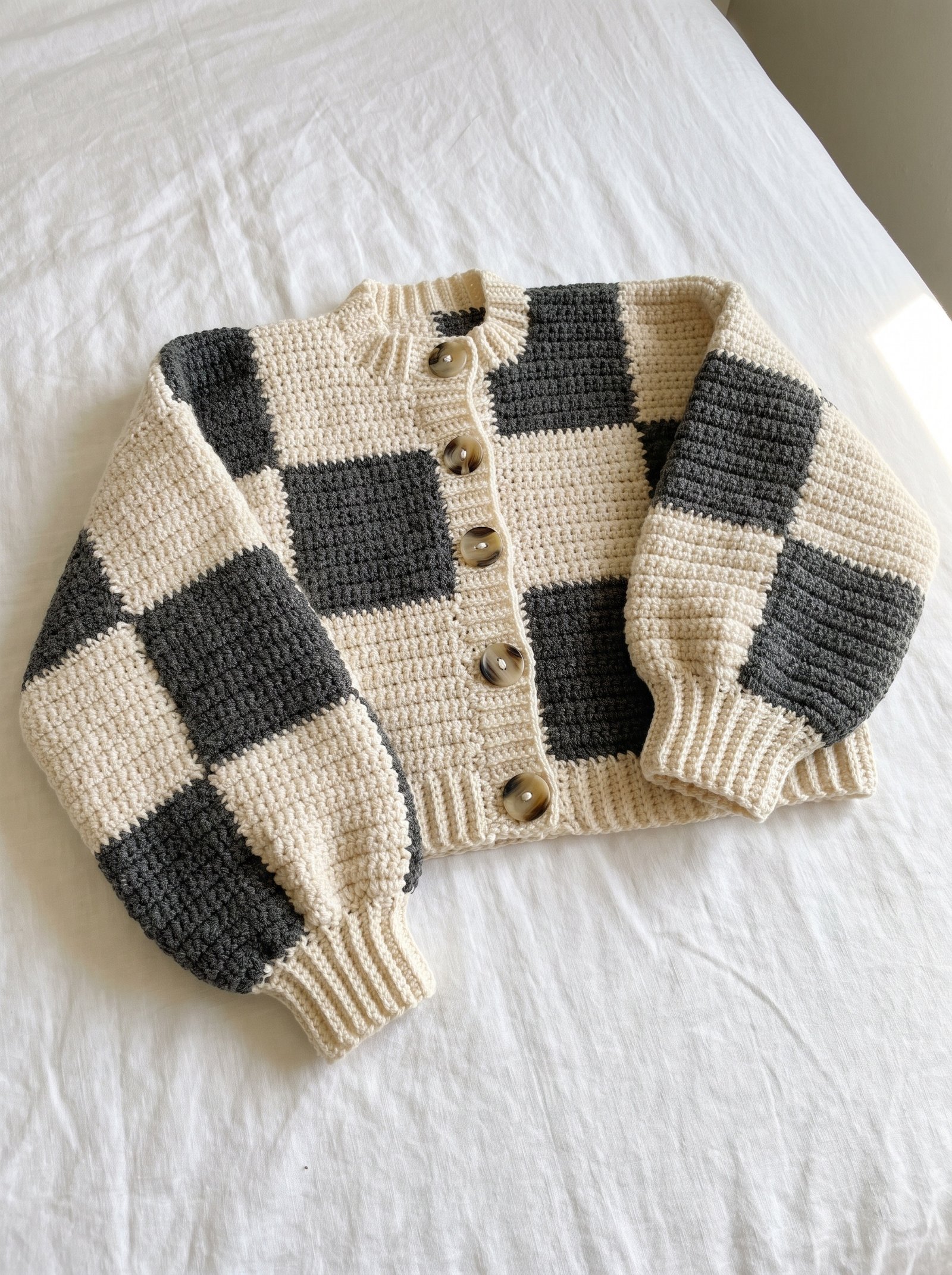 A relaxed pastel crochet patchwork cardigan with lavender, mint, and butter yellow granny squares hanging from a raw birch hanger against a white plaster wall
