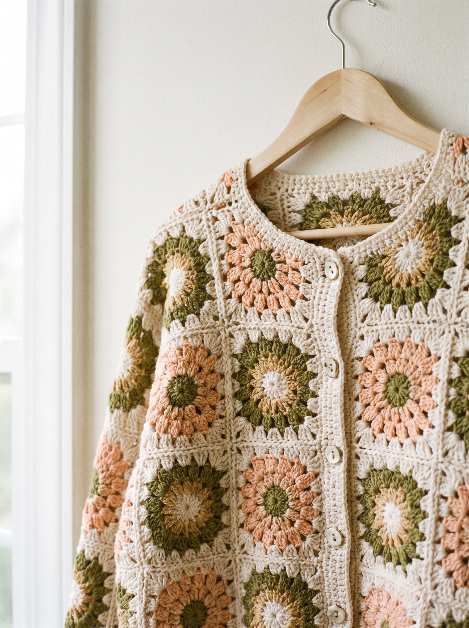 A bohemian floral crochet patchwork cardigan with sunburst granny squares in ochre, forest green, and unbleached cotton on a linen dress form