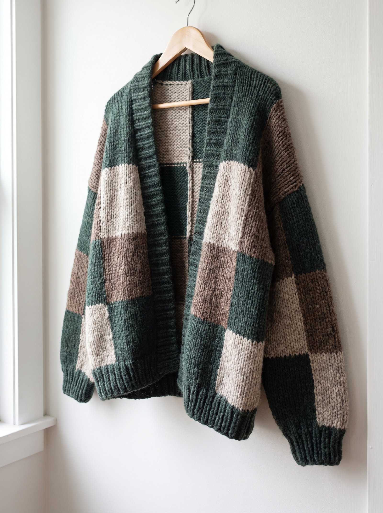 A monochromatic ivory crochet patchwork cardigan featuring waffle stitch and moss stitch squares draped over a cognac leather sofa