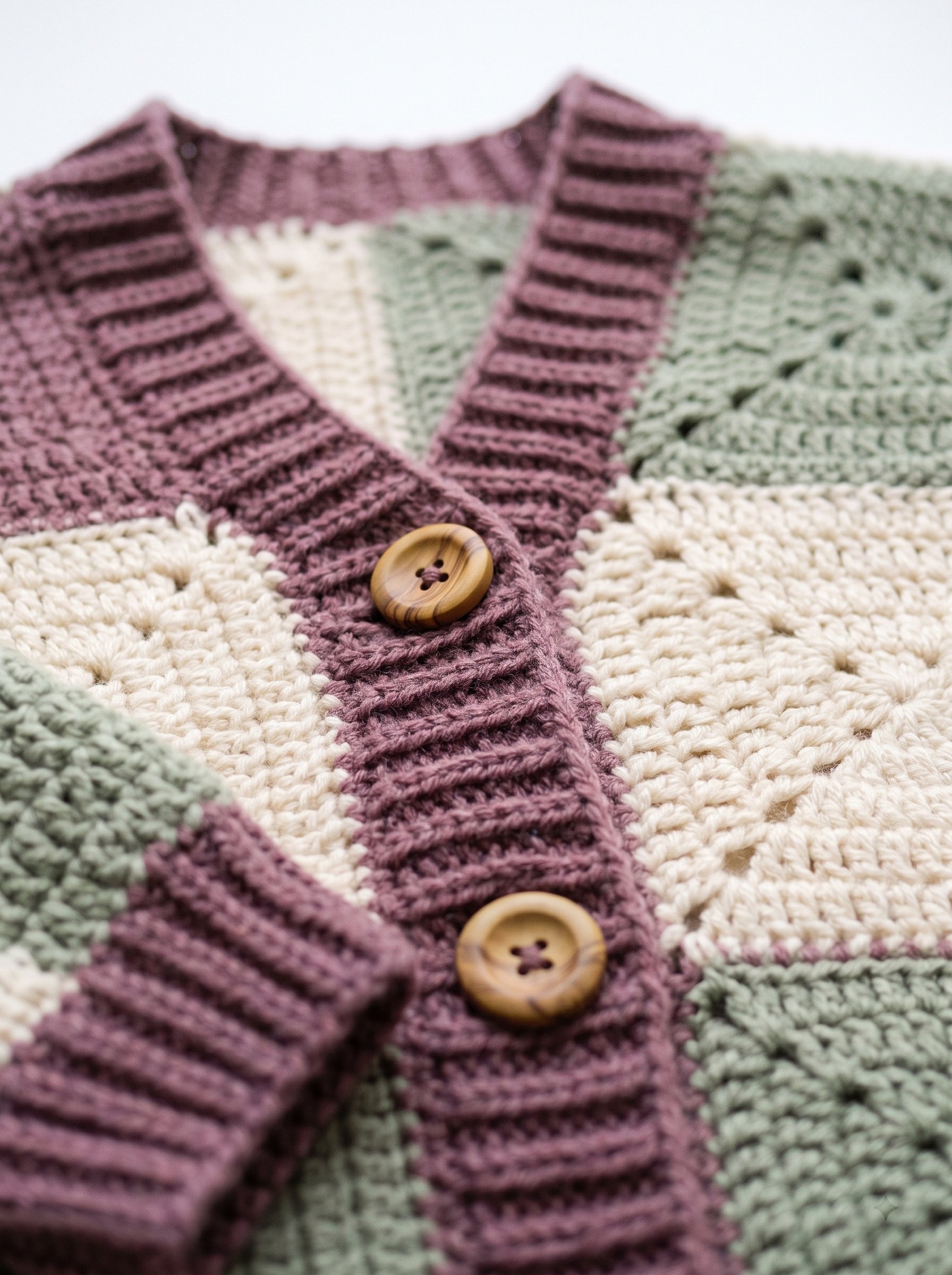 A retro seventies crochet patchwork cardigan with bold geometric squares in cinnamon, avocado green, and cream laid out on a studio table