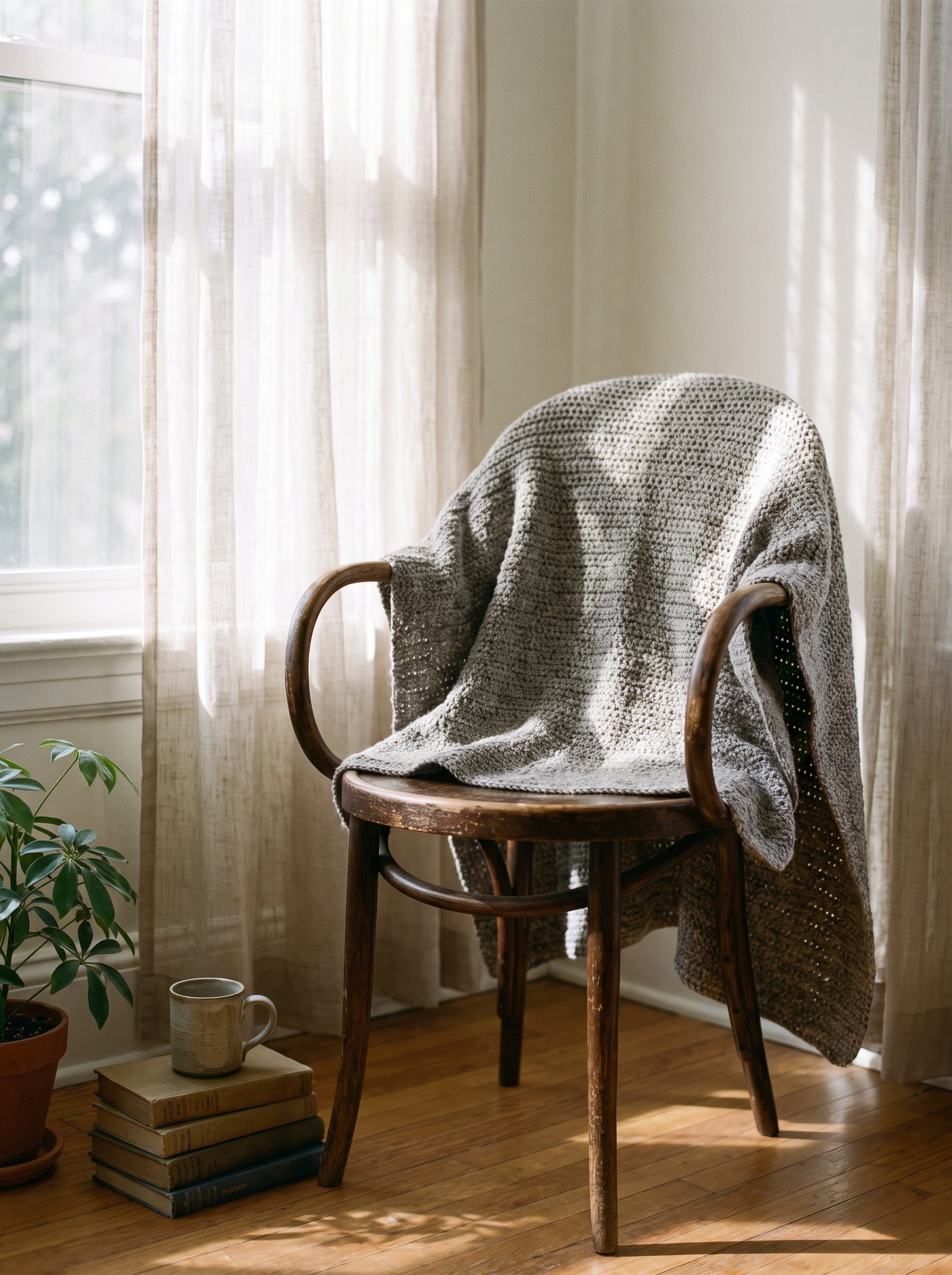 An open-front ruana-style crochet poncho wrap in heathered stone grey with deep side slits, draped loosely over a vintage bentwood armchair