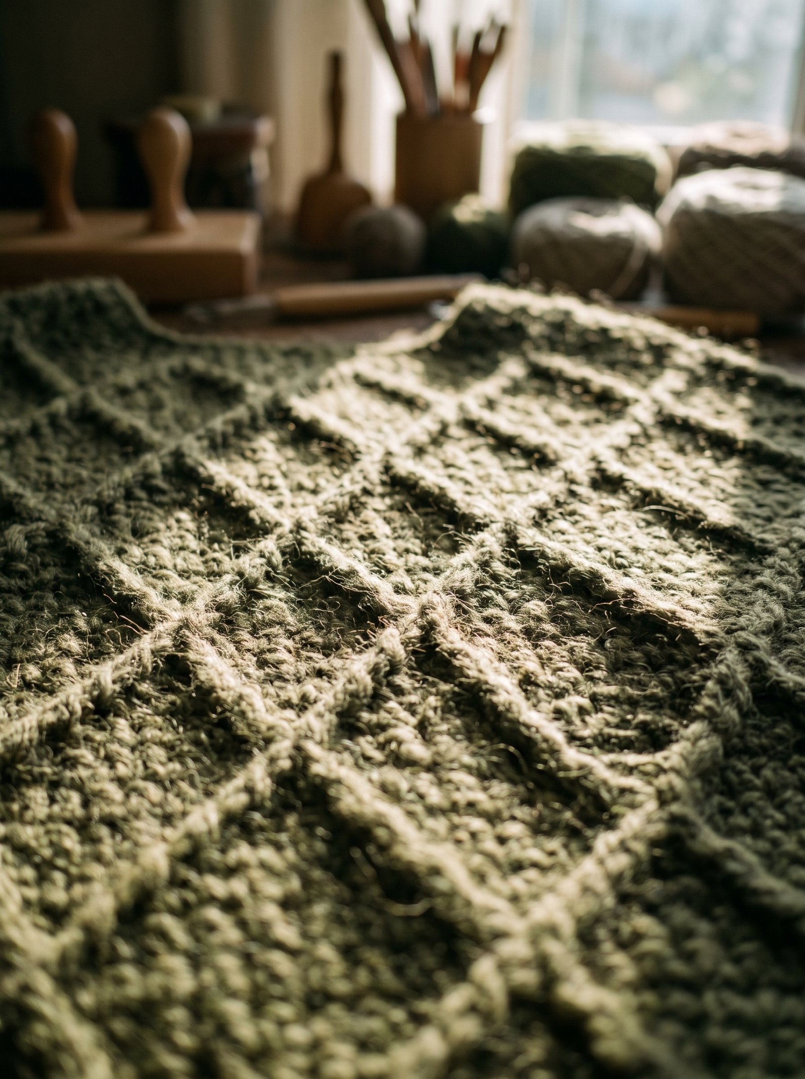 A macro craft studio photograph of an alpine stitch crochet poncho in muted olive green yarn, highlighting the raised diamond texture and rich stitch relief
