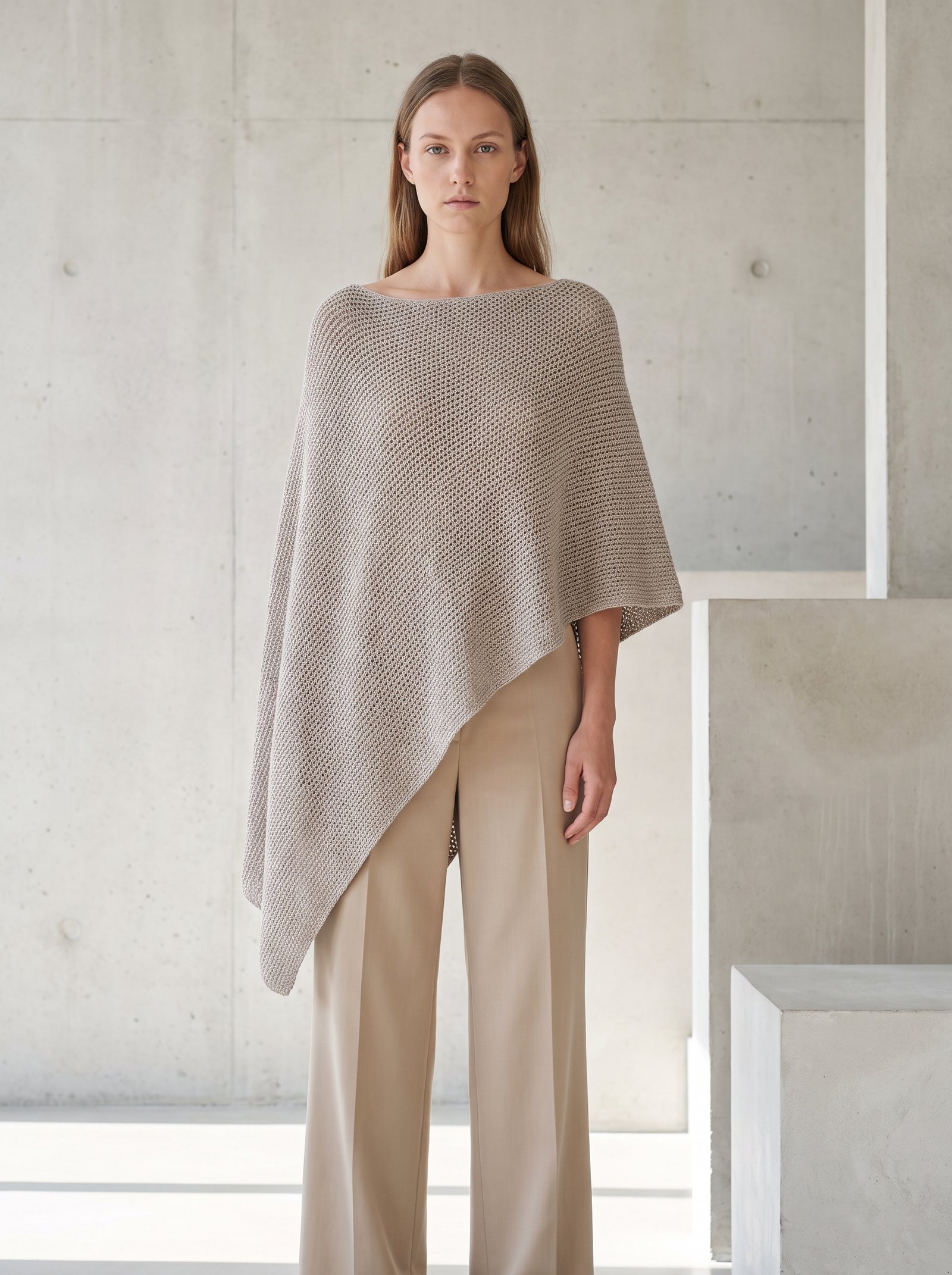 A chic minimalist fashion photograph of an asymmetrical boat-neck crochet poncho in light taupe wool-silk blend, draping diagonally across the torso