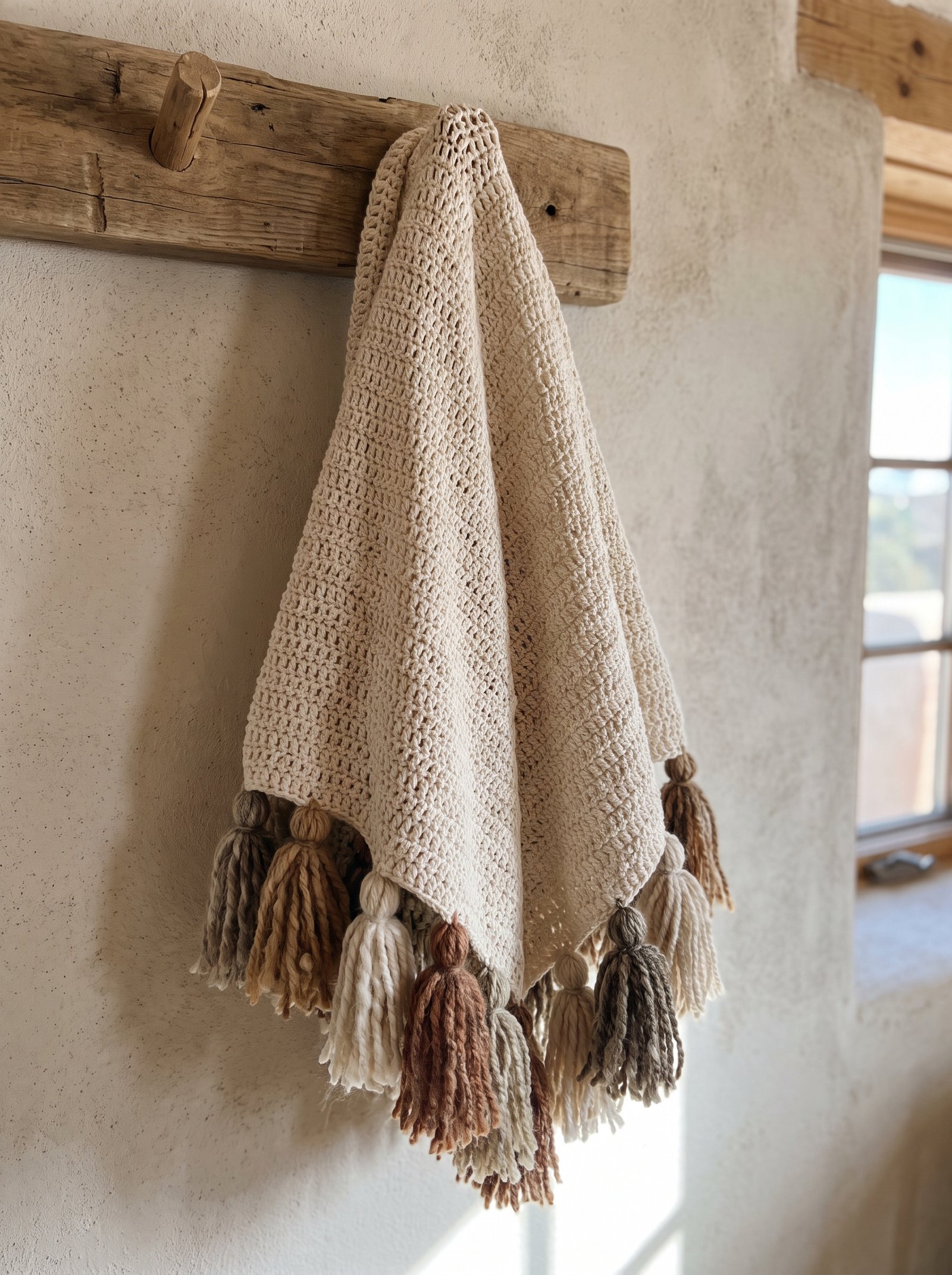 A cream cotton-blend crochet poncho with handmade fluffy yarn tassels swinging along the triangular pointed hem