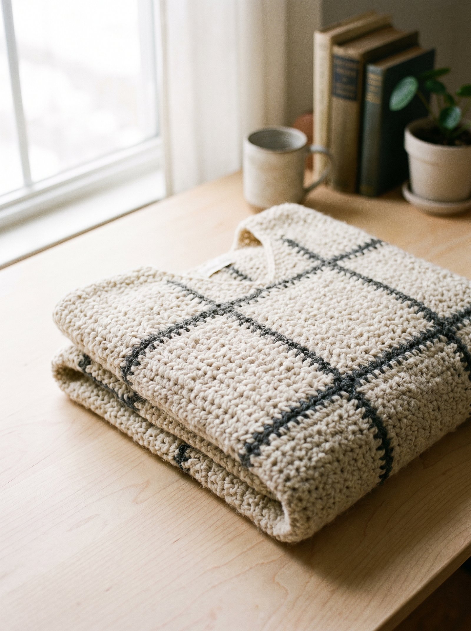 A windowpane plaid crochet poncho in warm ivory with woven charcoal drop-stitch grid lines, resting folded on a birch table